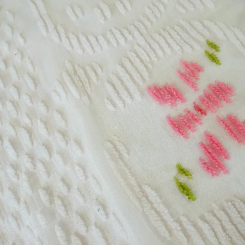 Vintage White Chenille Bedspread Pink Green Floral Tufted Fringe Twin 99x71